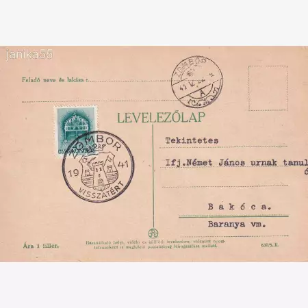 1941. ZOMBOR Visszatért levelezőlap