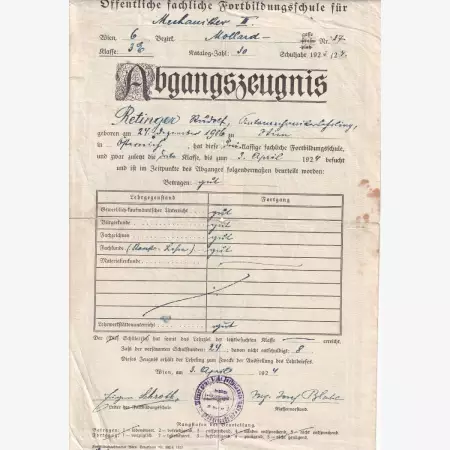 1906. Távozási bízonyitvány