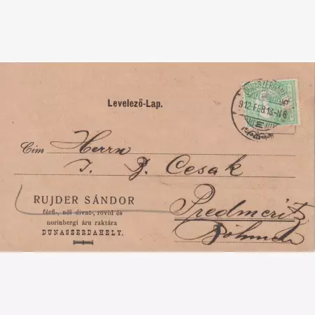 1912. Rujder Sándor Dunaszerdahely céges levelező-lap