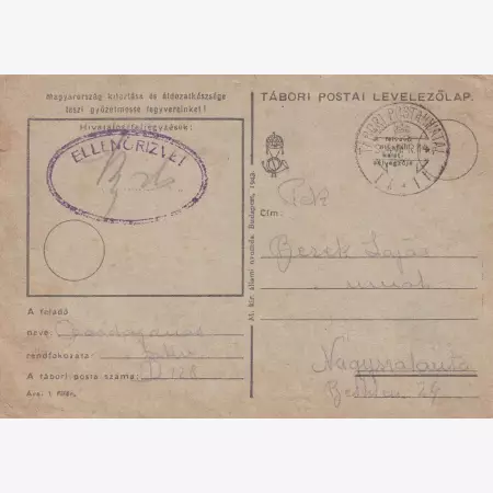 1944. 2.Vh.Tábori Postai Levelezőlap Ellenőrízve