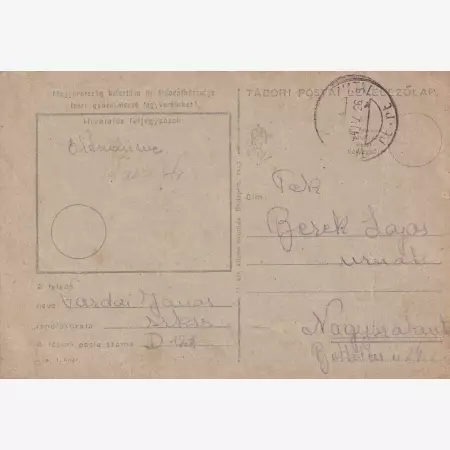 1944. 2.Vh.Tábori Postai Levelezőlap Ellenőrízve