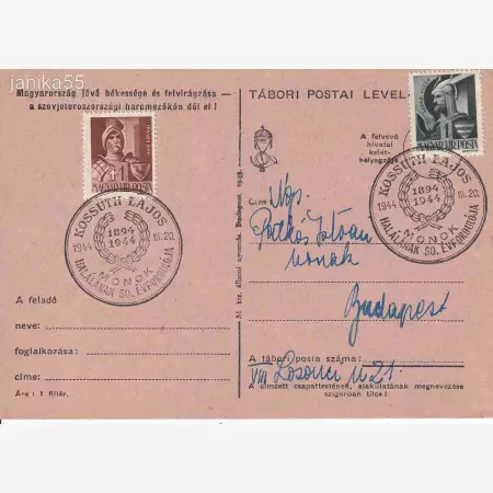 1944. Kossuth Lajos halálának 50. évford. Futott boríték