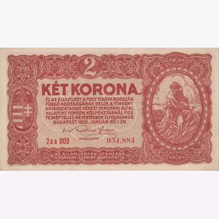 2 Korona 1920. (2aa 009) Budapest Globus nyomda