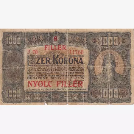 1000 Korona /8 Fillér 1923. ( B 70 ) Nyomdahely megjelölése nélkül