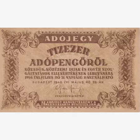 Adójegy 10.000 Adópengőről 1946. vízjeles papíron