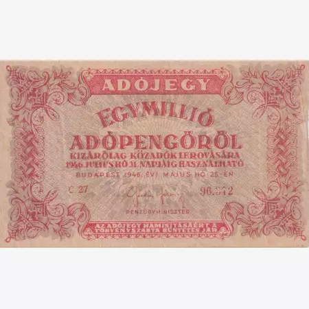 Adójegy 1.000.000 Adópengőről 1946. ( C 27 ) forditott címer!