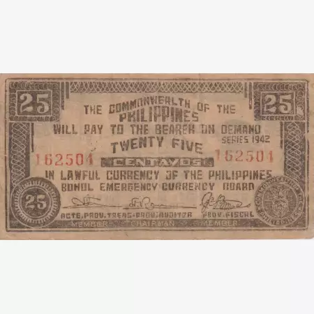 Fülöp-szig. II.Vh. 25 centavos  1942.Ser. BOHOL tartomány  Kat:S132f