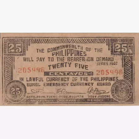 Fülöp-szig. II.Vh. 25 centavos  1942.Ser. BOHOL tartomány  Kat:S132f