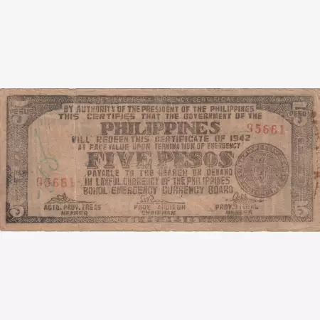Fülöp-szig. II.Vh. 5 pesos  1942.Ser. BOHOL tartomány  Kat:S136d