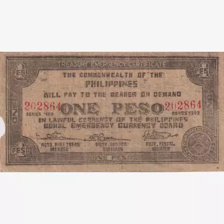 Fülöp-szig. II.Vh. 1 peso  1942.Ser. BOHOL tartomány  Kat:S135e