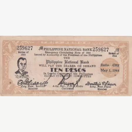 Fülöp-szig. II.Vh. 10 pesos  1944.Ser. ILOILO tartomány  Kat:S317a