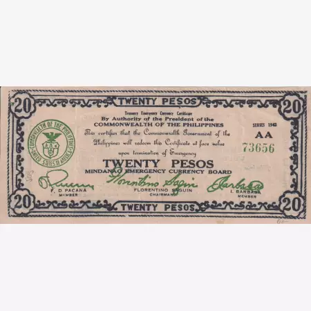 Fülöp-szig. II.Vh. 20 pesos  1943.Ser.AA  MINDANAO-sziget  Kat:S509
