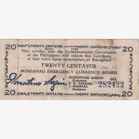 Fülöp-szig. II.Vh. 20 centavos  1943.Ser.GG  MINDANAO-sziget  Kat:S503