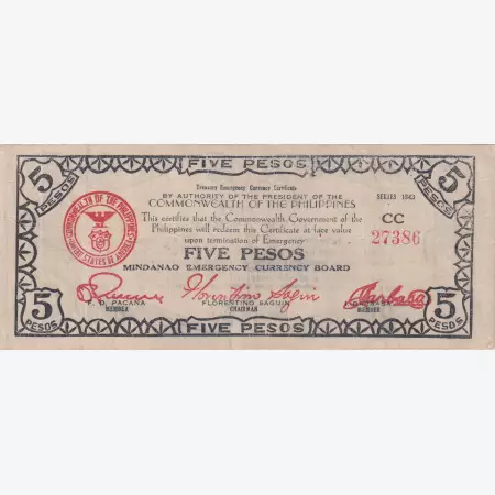 Fülöp-szig. II.Vh. 5 pesos  1943.Ser.CC  MINDANAO-sziget  Kat:S507c