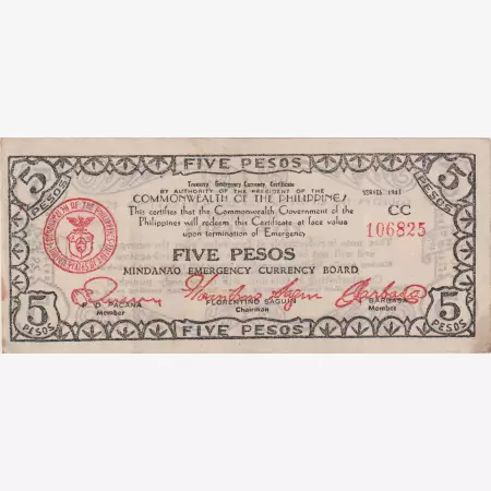 Fülöp-szig. II.Vh. 5 pesos  1943.Ser.CC  MINDANAO-sziget  Kat:S507c