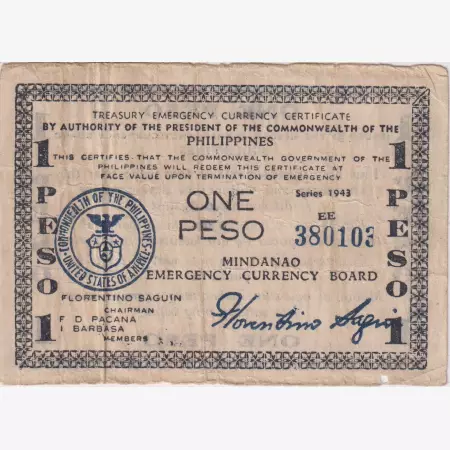 Fülöp-szig. II.Vh. 1 peso  1943.Ser. EE MINDANAO-sziget  Kat:S505