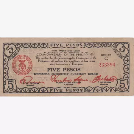 Fülöp-szig. II.Vh. 5 pesos  1944.Ser.C  MINDANAO-sziget  Kat:S517b