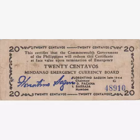 Fülöp-szig. II.Vh. 20 centavos  1944.Ser.G  MINDANAO-sziget  Kat:S513a