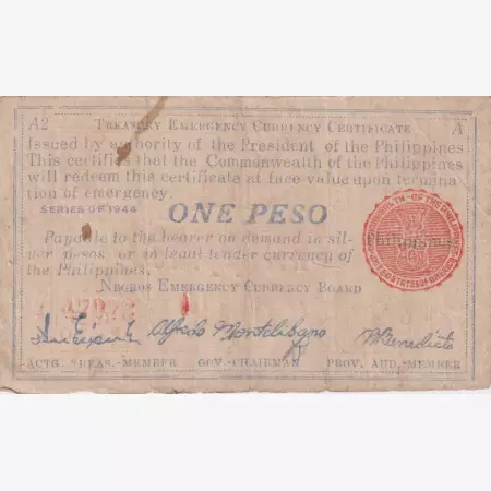 Fülöp-szig. II.Vh. 1 peso  1944.Ser. NEGROS-sziget Kat:S668a