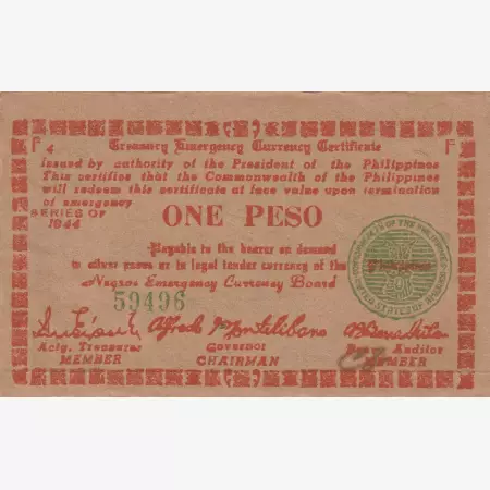 Fülöp-szig. II.Vh. 1 peso  1944.Ser. F.  NEGROS-sziget Kat:S673 vastag papír