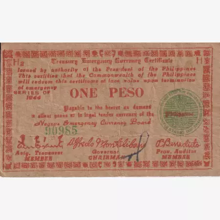 Fülöp-szig. II.Vh. 1 peso  1944.Ser. H.  NEGROS-sziget Kat:S673 vékony papír