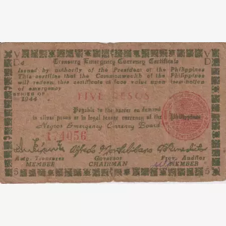 Fülöp-szig. II.Vh. 5 pesos  1944.Ser. NEGROS-sziget Kat:S675