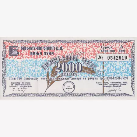 Bosznia-Hercegovina (Banja Luka) 2000 dinár 1992. bon P 48a