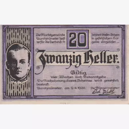 Aurolmünster 20 heller 1920