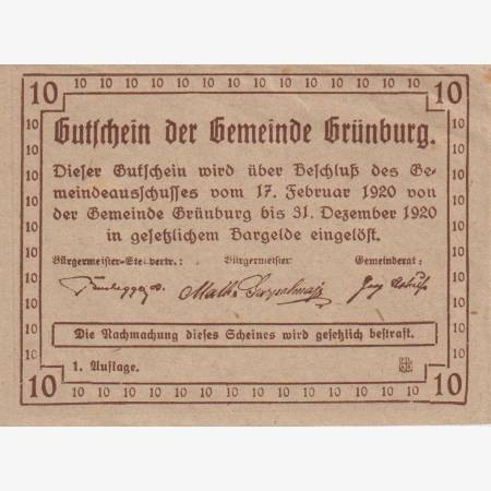 Grünburg 10 heller 1920