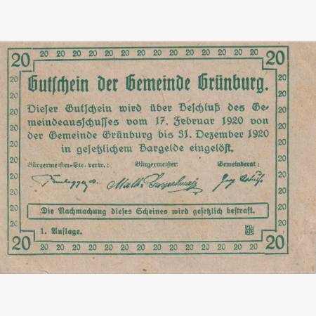 Grünburg 20 heller 1920