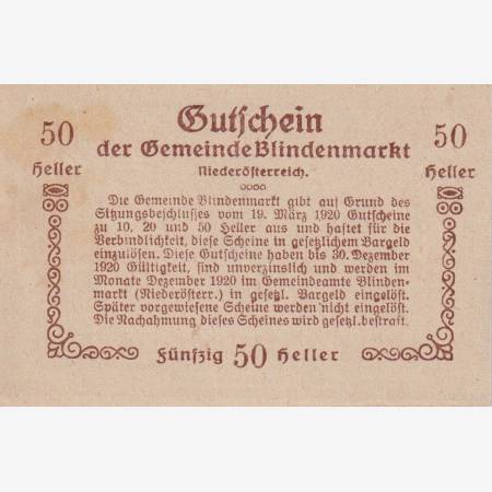 Blindenmarkt 50 heller 1920