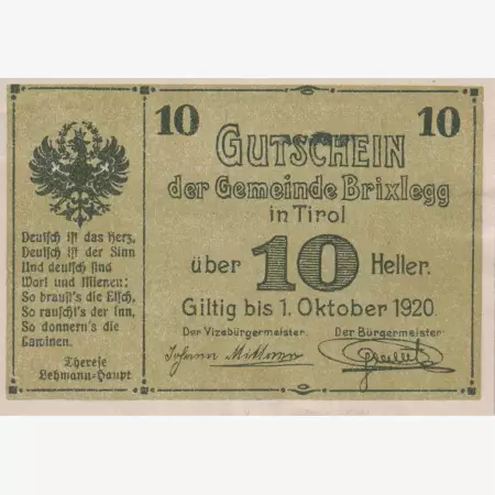 Brixlegg in Tirol 10 heller 1920