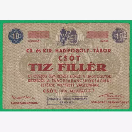 Csót 10 fillér 1916. hadifogolytábor sorszám nélkül