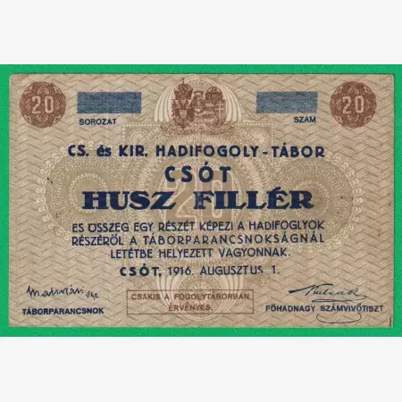 Csót 20 fillér 1916. hadifogolytábor sorszám nélkül