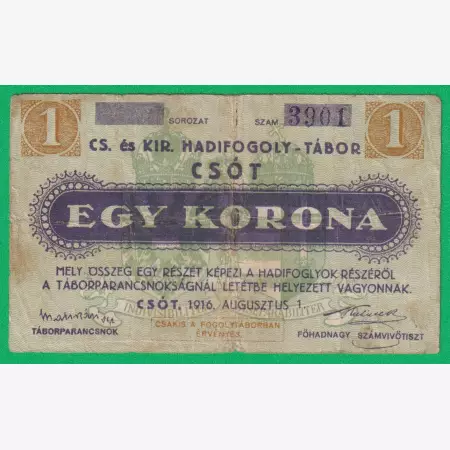 Csót 1 korona 1916. 3901 hadifogolytábor