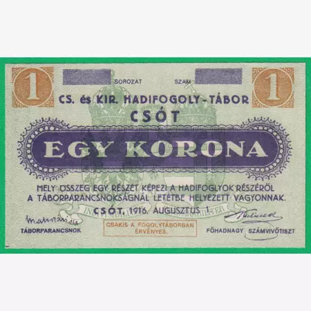 Csót 1 korona 1916. hadifogolytábor sorszám nélkül