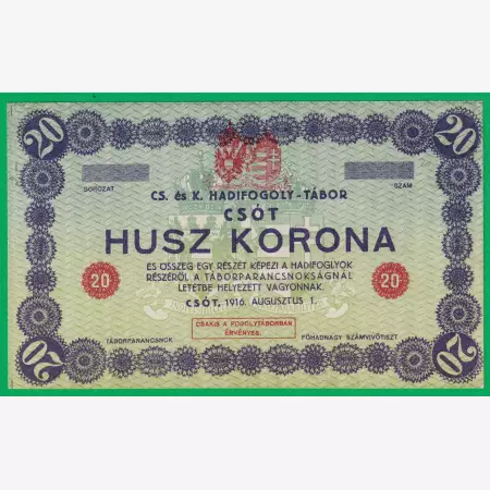Csót 20 korona 1916. hadifogolytábor sorszám nélkül