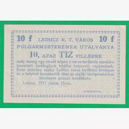 Leibicz város polgármesterének utalványa 10 fillér 1917.