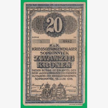 Sopronnyék 20 korona 1916. 5.-0882 hadifogolytábor Sopronnyék 20 korona 1916. 5.-0882 hadifogolytábor