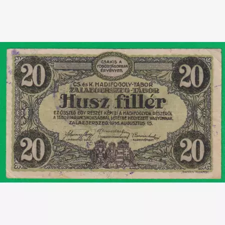 Zalaegerszeg 20 fillér 1916. 10.-0195 hadifogolytábor bélyegzett