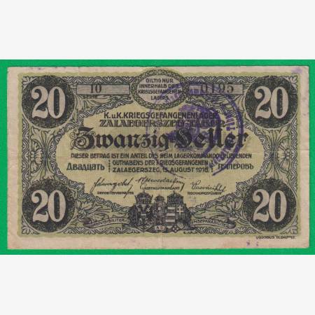 Zalaegerszeg 20 fillér 1916. 10.-0195 hadifogolytábor bélyegzett