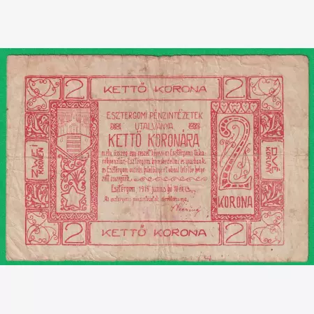 Esztergomi Pénzintézetek Utalványa 2 korona 1919.
