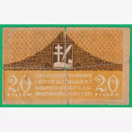 Központi Sajtóvállalat Rt. 20 Fillér 1919.