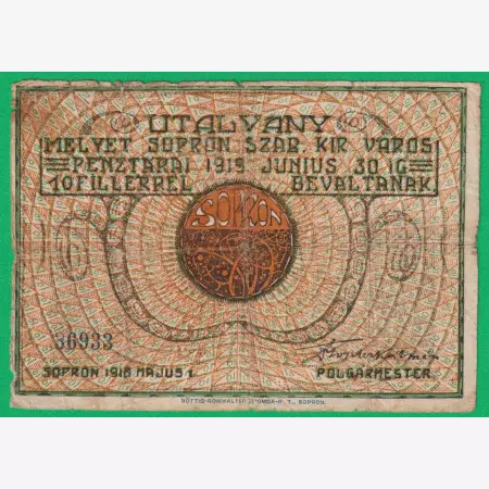 Sopron Utalvány 10 Fillér 1919.