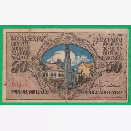 Sopron Utalvány 50 Fillér 1919.