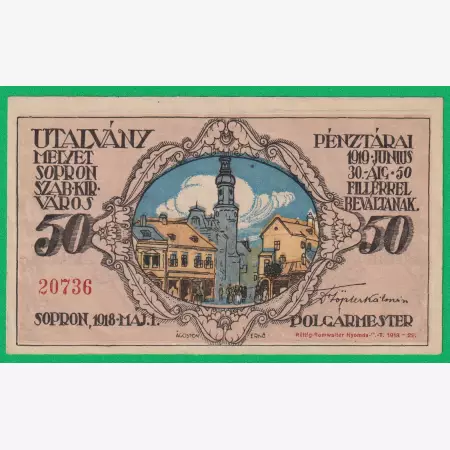 Sopron Utalvány 50 Fillér 1919.