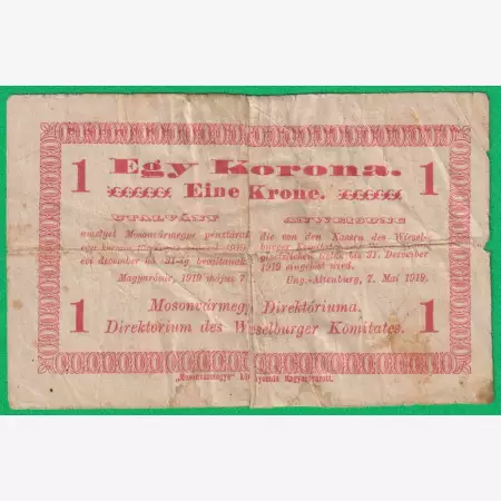 Mosonvármegye Direktóriuma 1 Korona 1919.