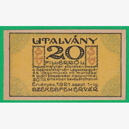 Székesfehérvári Légszeszgyár Rt. 20 Fillér 1921.