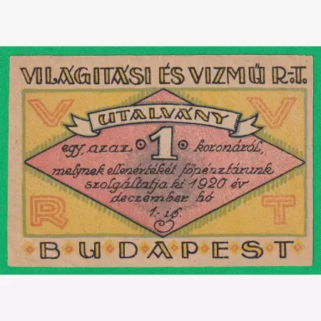 Világitási és Vízmű Rt. Budapest 1 Korona 1920.
