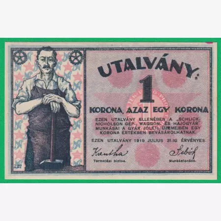 Schlick Nicholson Gép, Vagon és Hajógyár 1 Korona utalvány 1919.